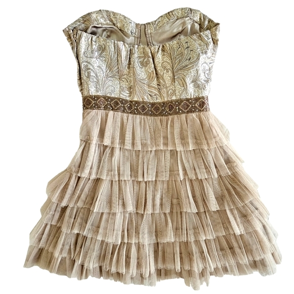 Inspire Me Strapless Taupe/Gold Tapestry Bow/Tiered Mesh Ruffle Party Dr… - Picture 5 of 17